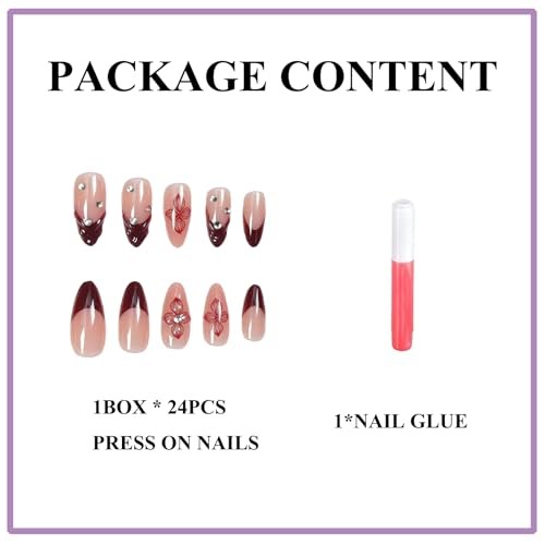 Almond Press on Nails Medium Fake Nail Burgundy 3D French Tip Glue ons 7113Red