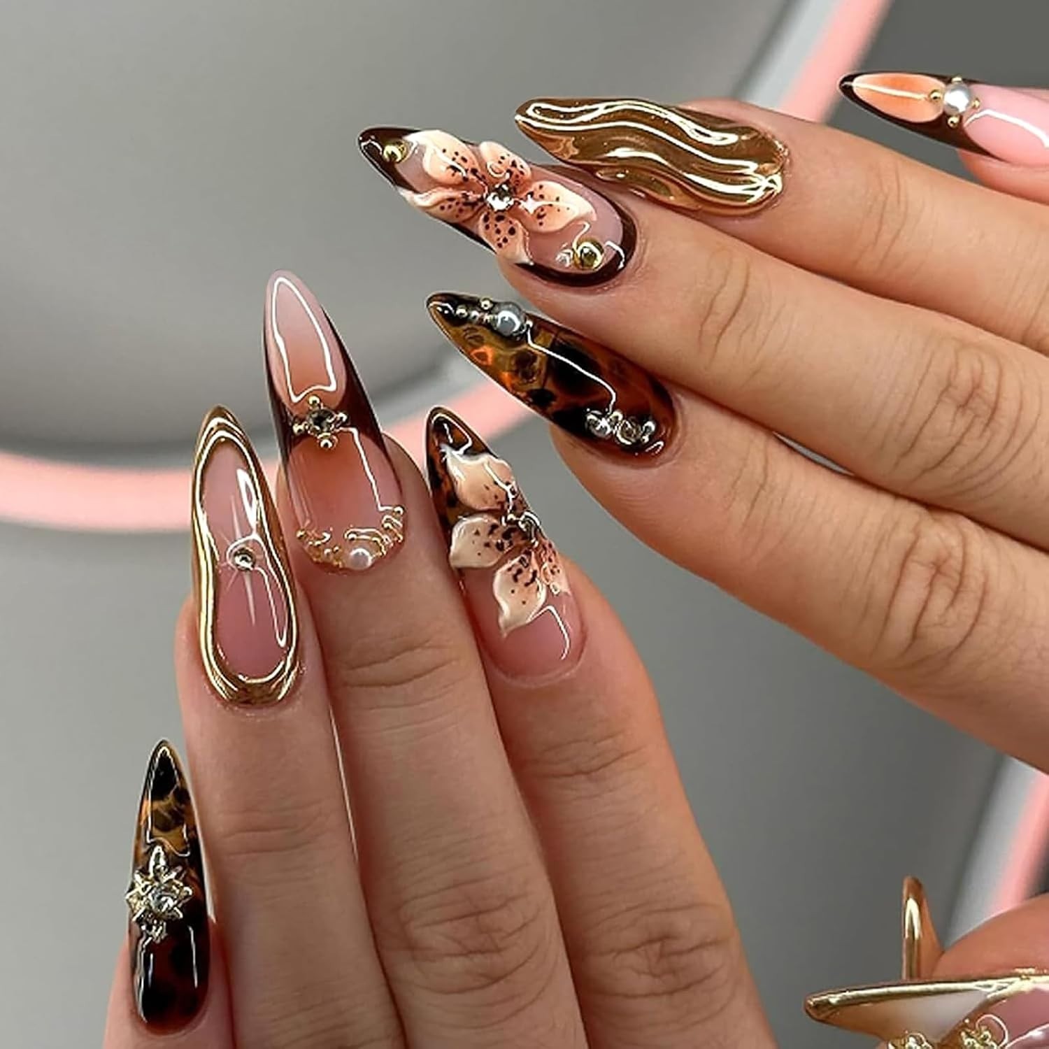 Luxury Long Almond Press-On Nails: 3D Brown Flower & Rhinestone Charm Set