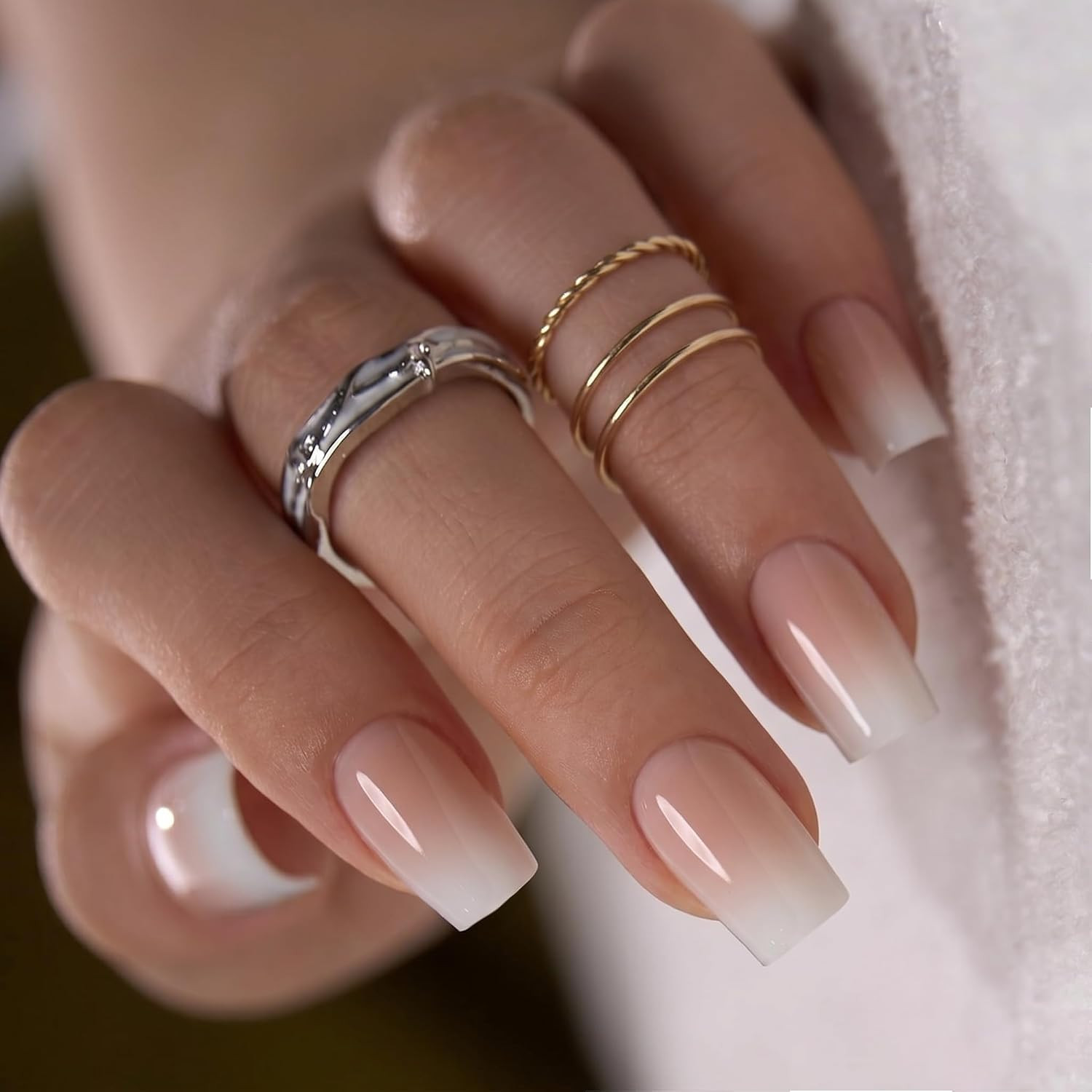 Medium Square French Tip Press on Nails, Porcelain White, Soft Gel | 32PCS, 16 S
