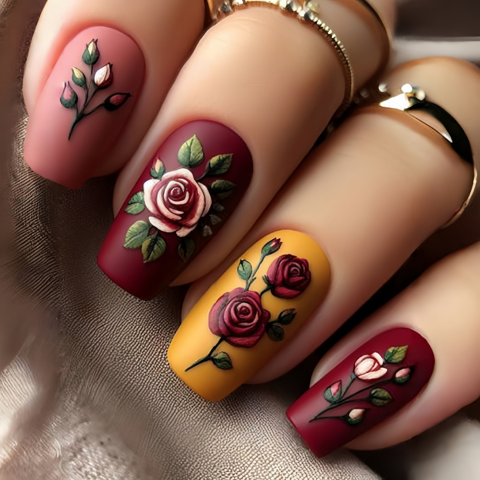 96PCS(4Pack) Rose Floral Press-On Nails Elegant Romantic Wearable Nails Art