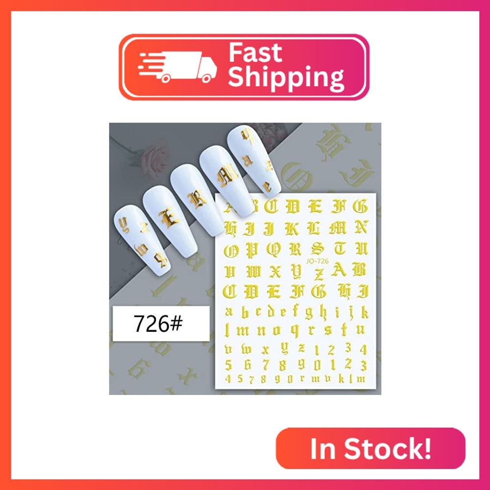 12 Colors Old English Nail Art Stickers, 3D Letters Self-Adhesive Sticker Design