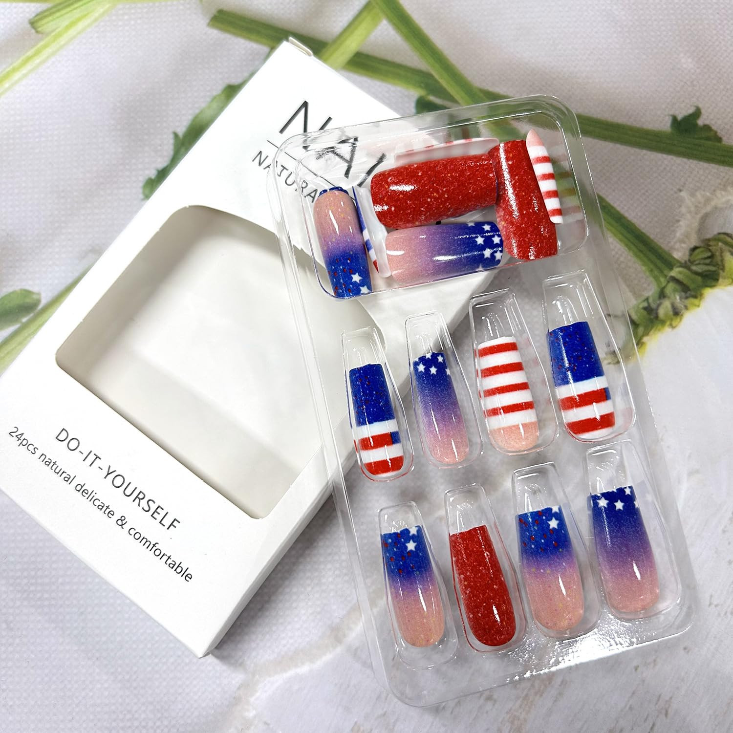 Independence Day Press on Nails Medium Square Stars Glitter Powder Sequins Desig