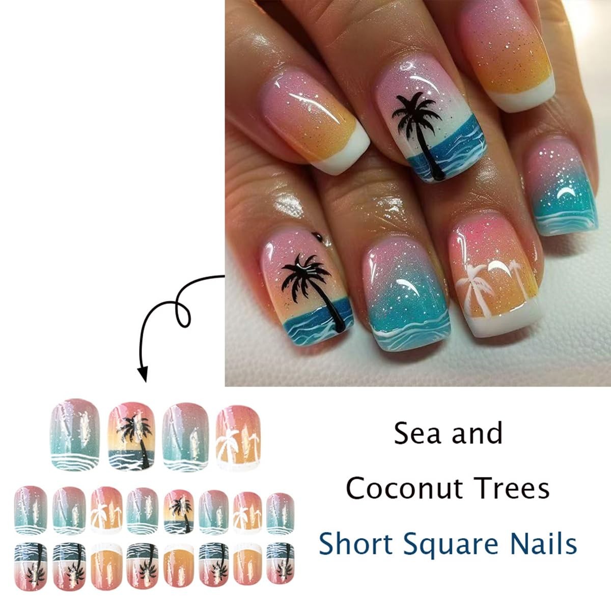 Short Square Press on Nails Blue Wave French Fake Nails Ombre Acrylic Nails P.