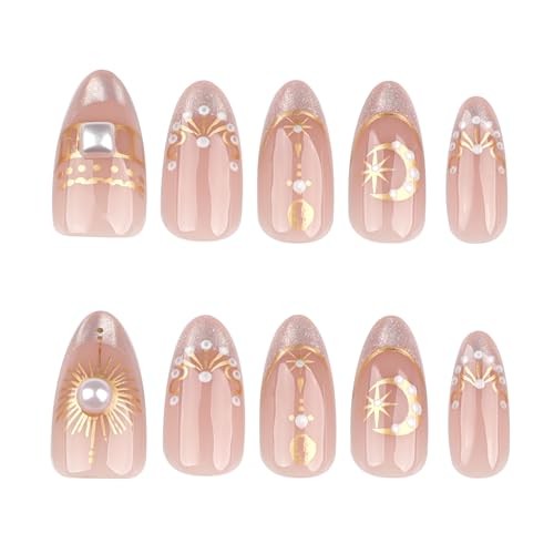Silver Glitter French Press On Nails 24pcs, Nude Almond 40-Sun Moon and Stars