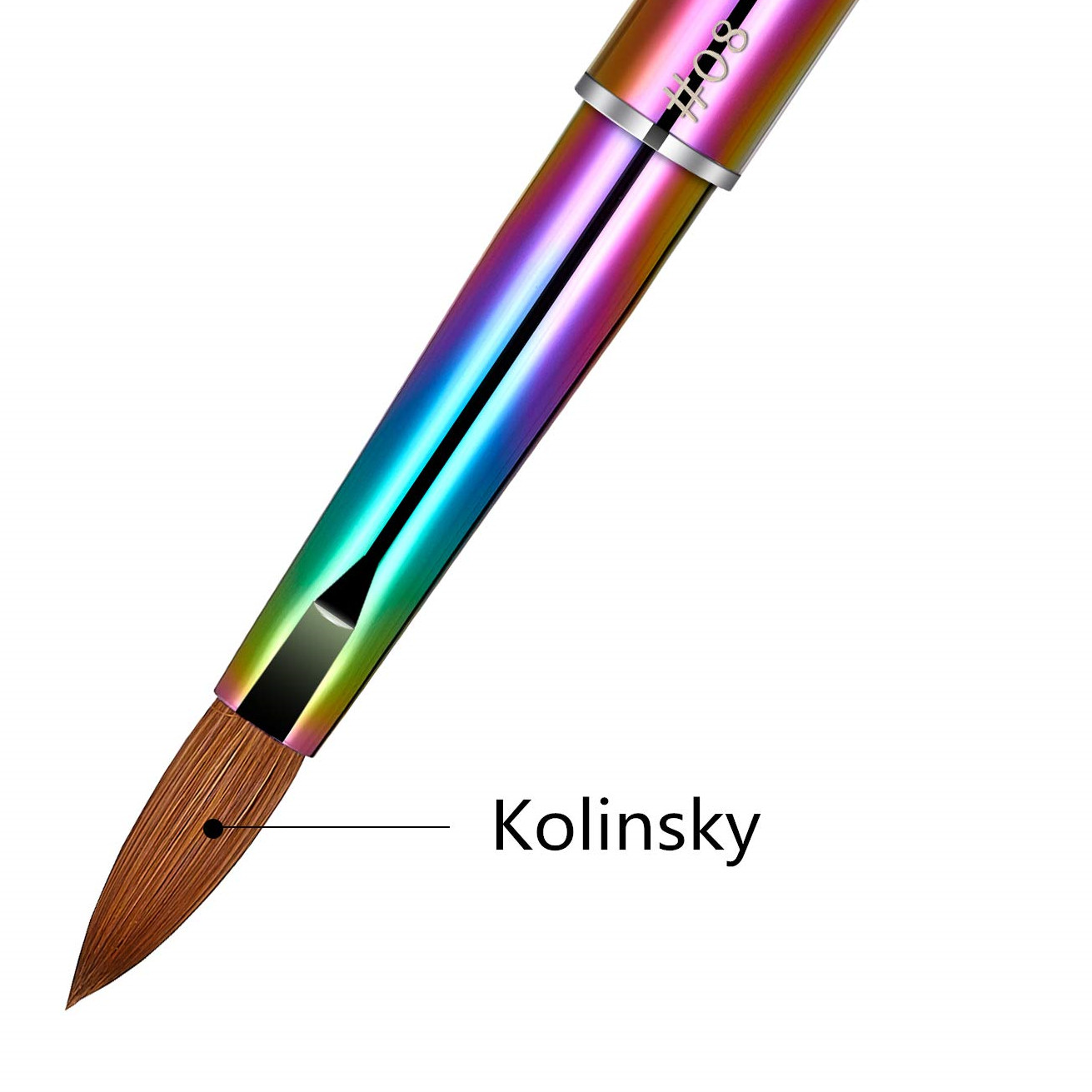 100% Kolinsky Acrylic Nail Brush With Cap Rainbow Crystal Handle 6-14 (CRIMPED)
