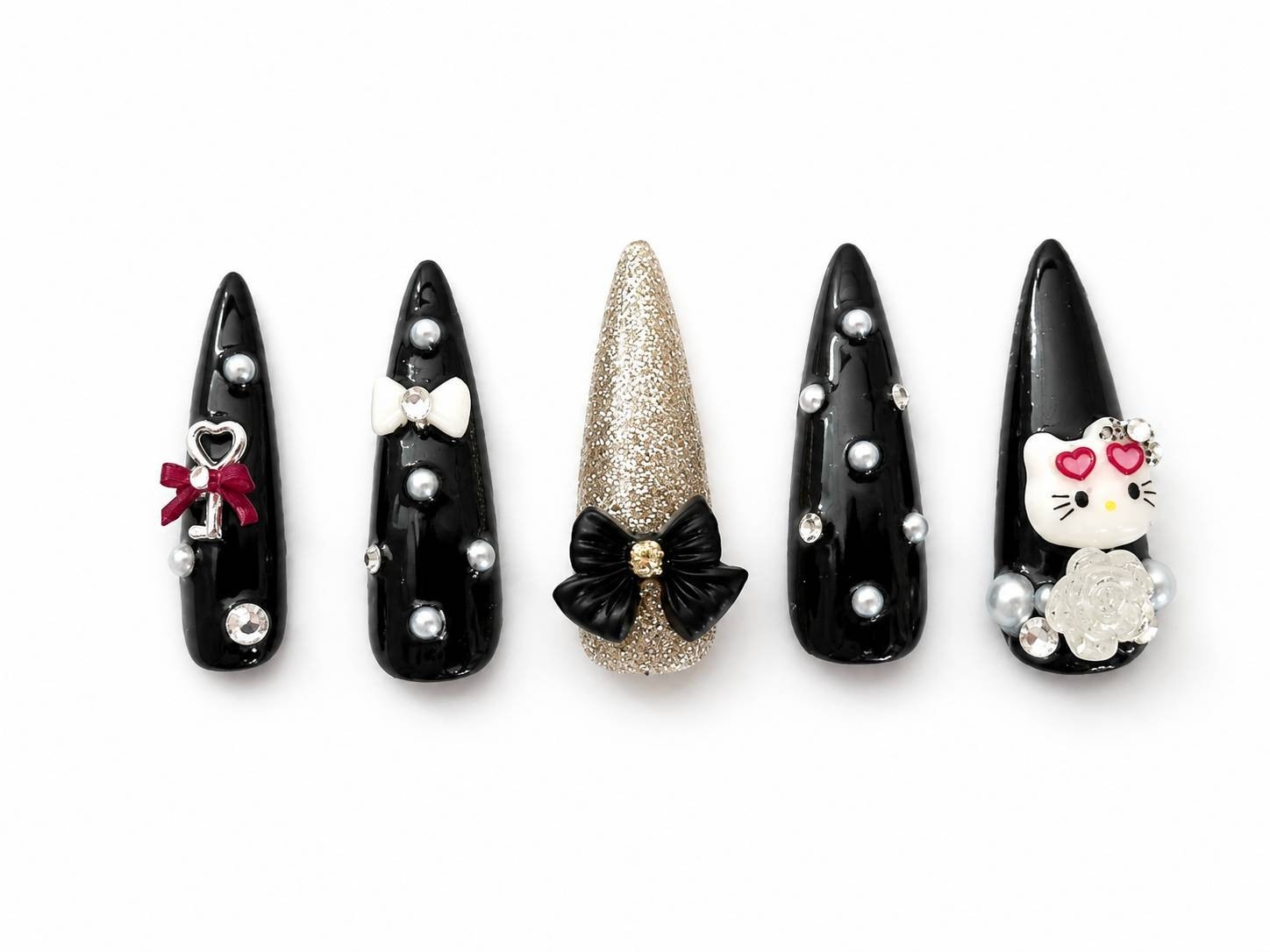 Japanese Handmade Black 3D Press On Nails Bow Pearl Nail Tips Kawaii 10PCS