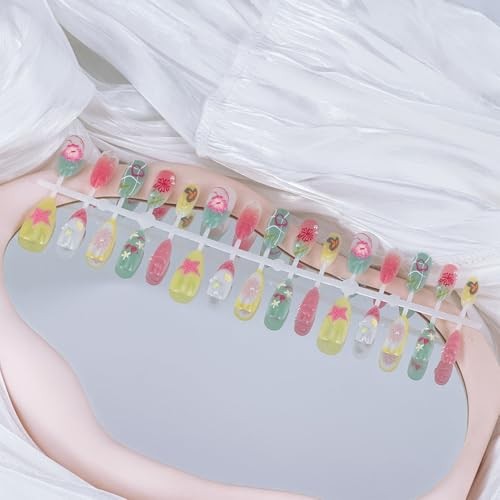 30pcs Summer Press on Nails Medium Almond Fake Nails with 3D Flower Handmade-14