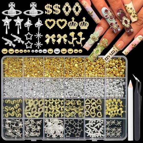 3D Nail Art Charm 12 Styles Metal Star Bows Heart Charms for Nails Gold&Silver