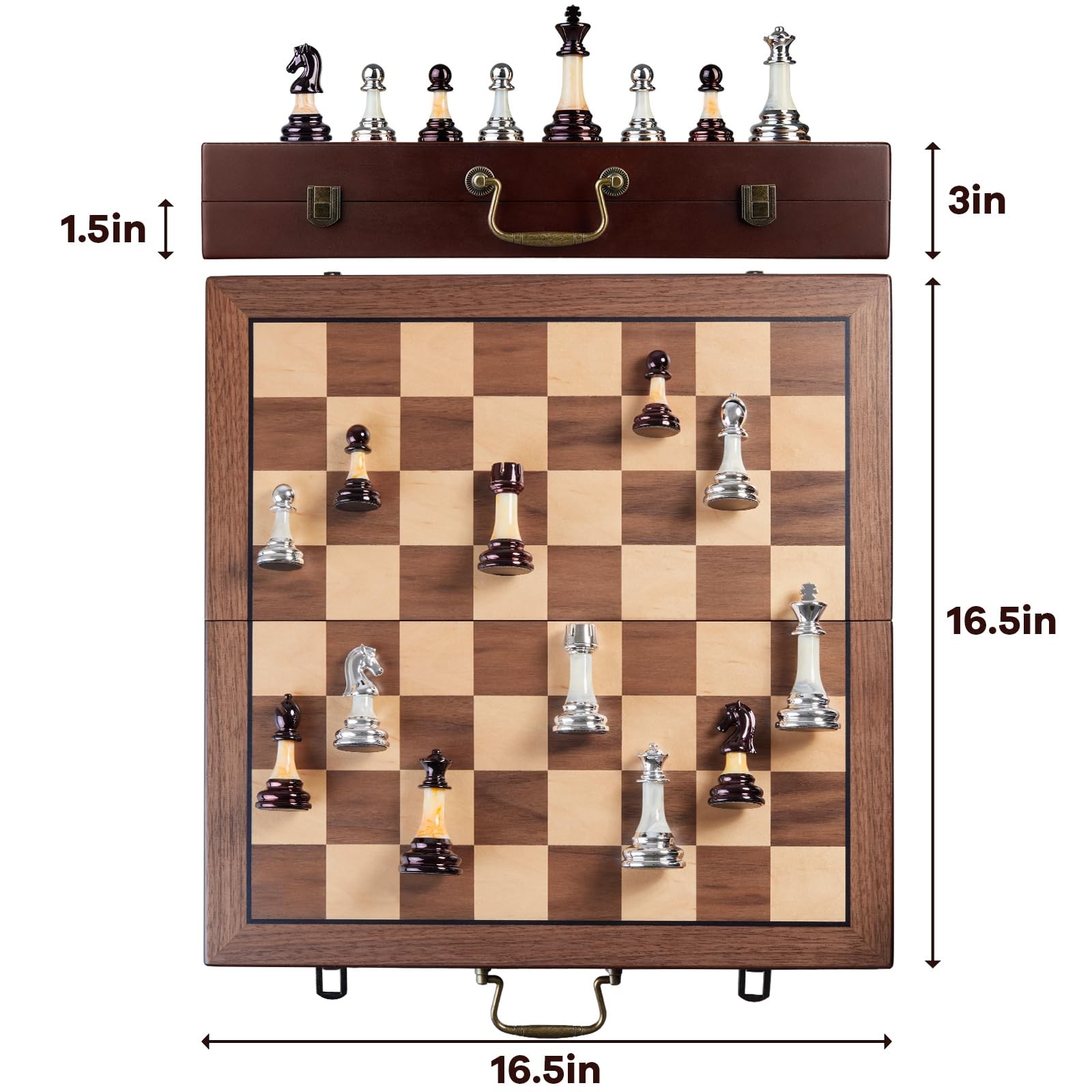 Deluxe Chess Set 16.5” Wooden Large Folding 16.54*16.54*1.5 inches, Brown