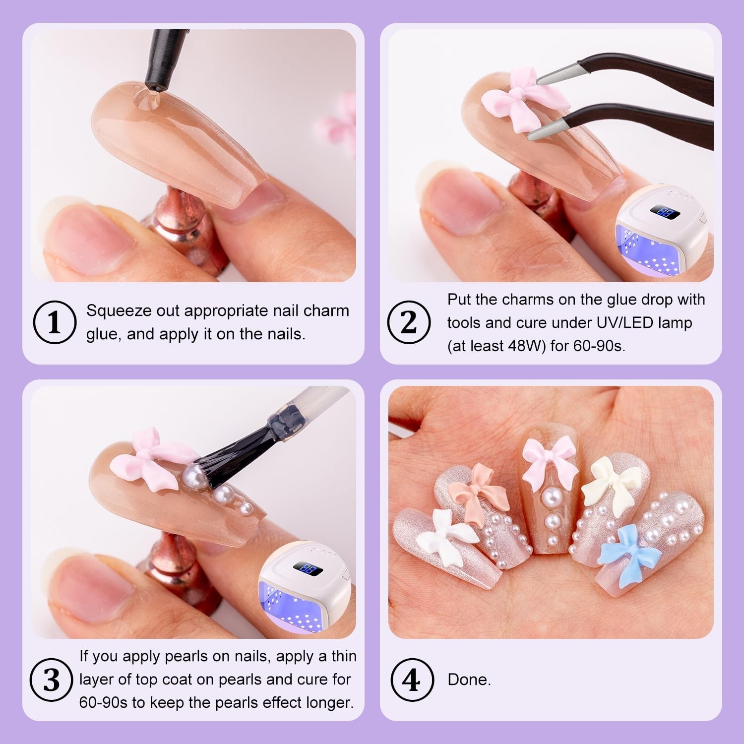 Colorful 3D Nail Bow Charms Set – 120 Pcs with Glue Gel & Pickup Tools Included