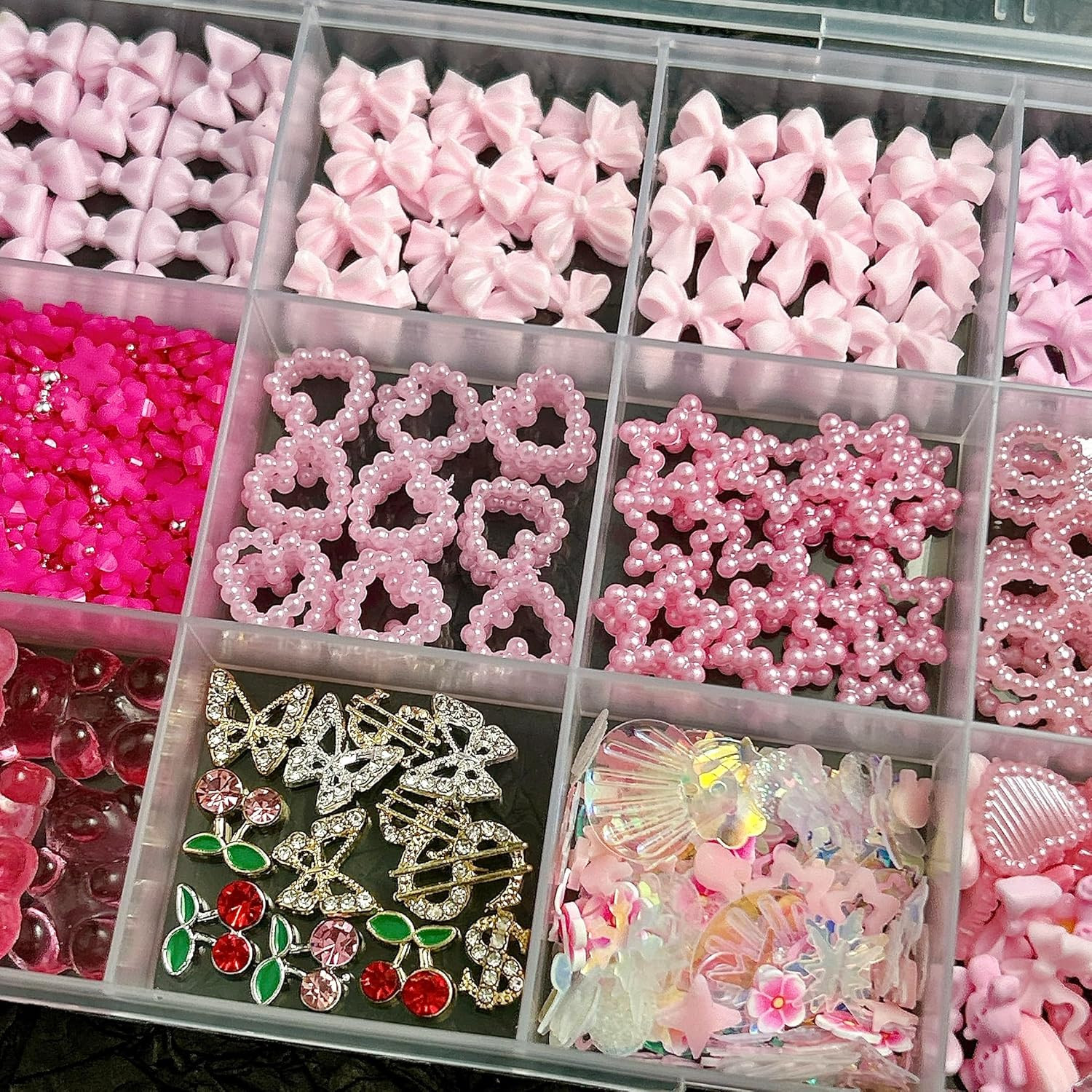 Gummy Candy Bear Valentines Nail Charms, Cute Pink Flower Bow 3D Nail Charms for