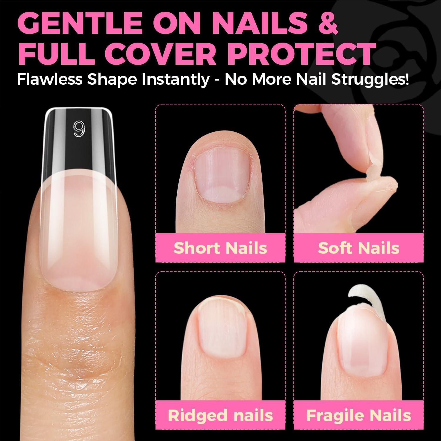UNA GELLA Square Fake Nails 504pcs Clear Gel Tips 12 Sizes Full Cover Nail Kit