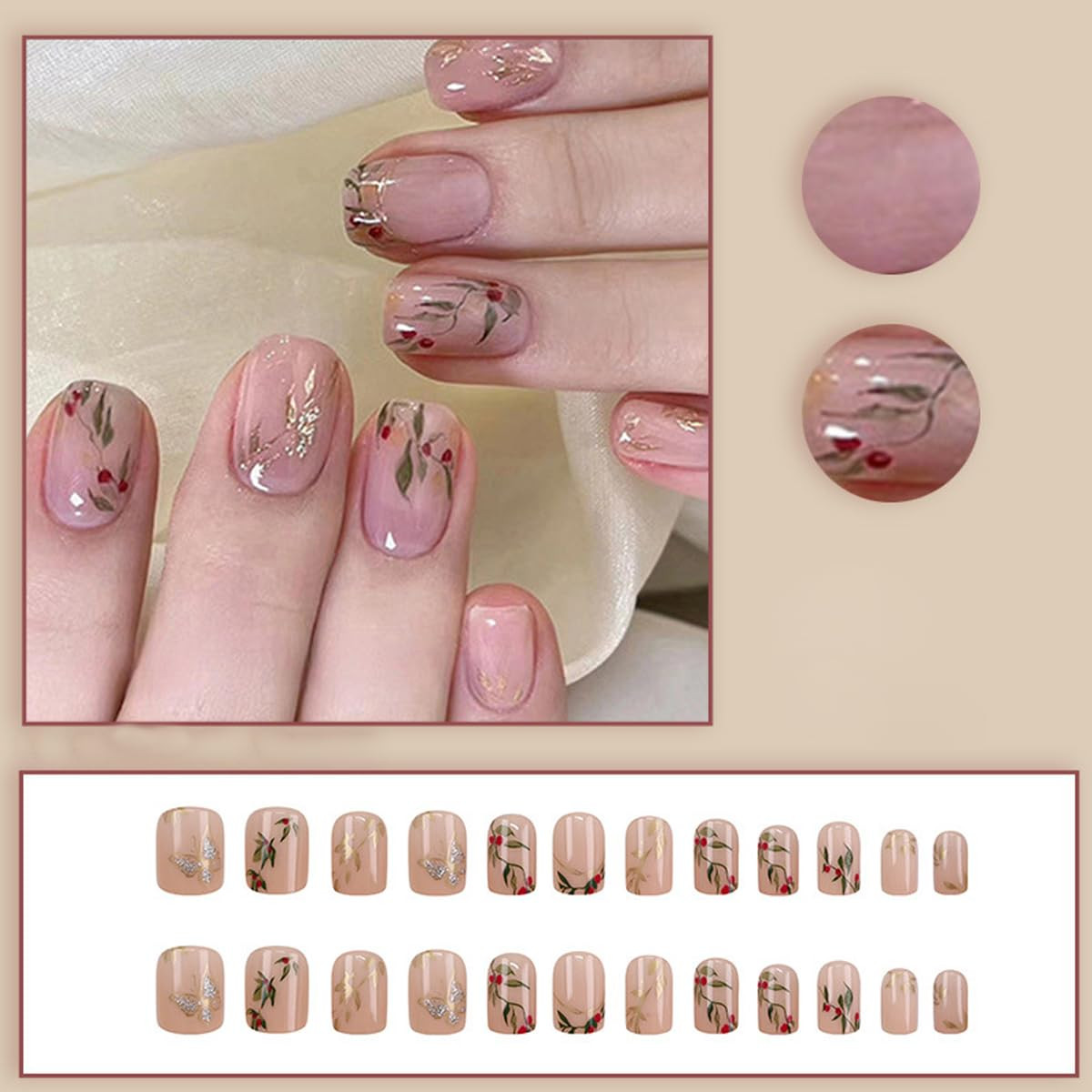 Short Almond Press on Nails, Square Glossy Nude False Nails with Glue, Reusable