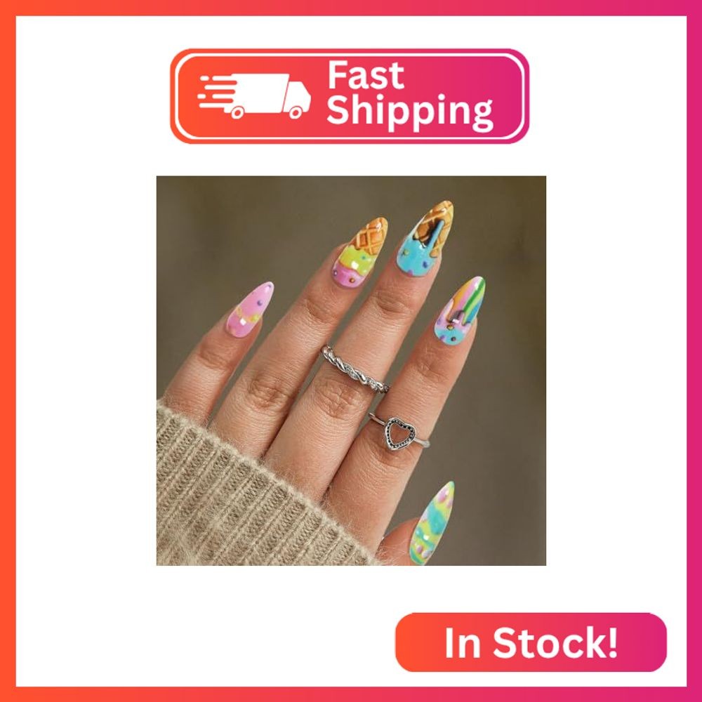 24Pcs Cute and playful Cookies Eye Press on Nails Short Oval Fake Nails with Gol