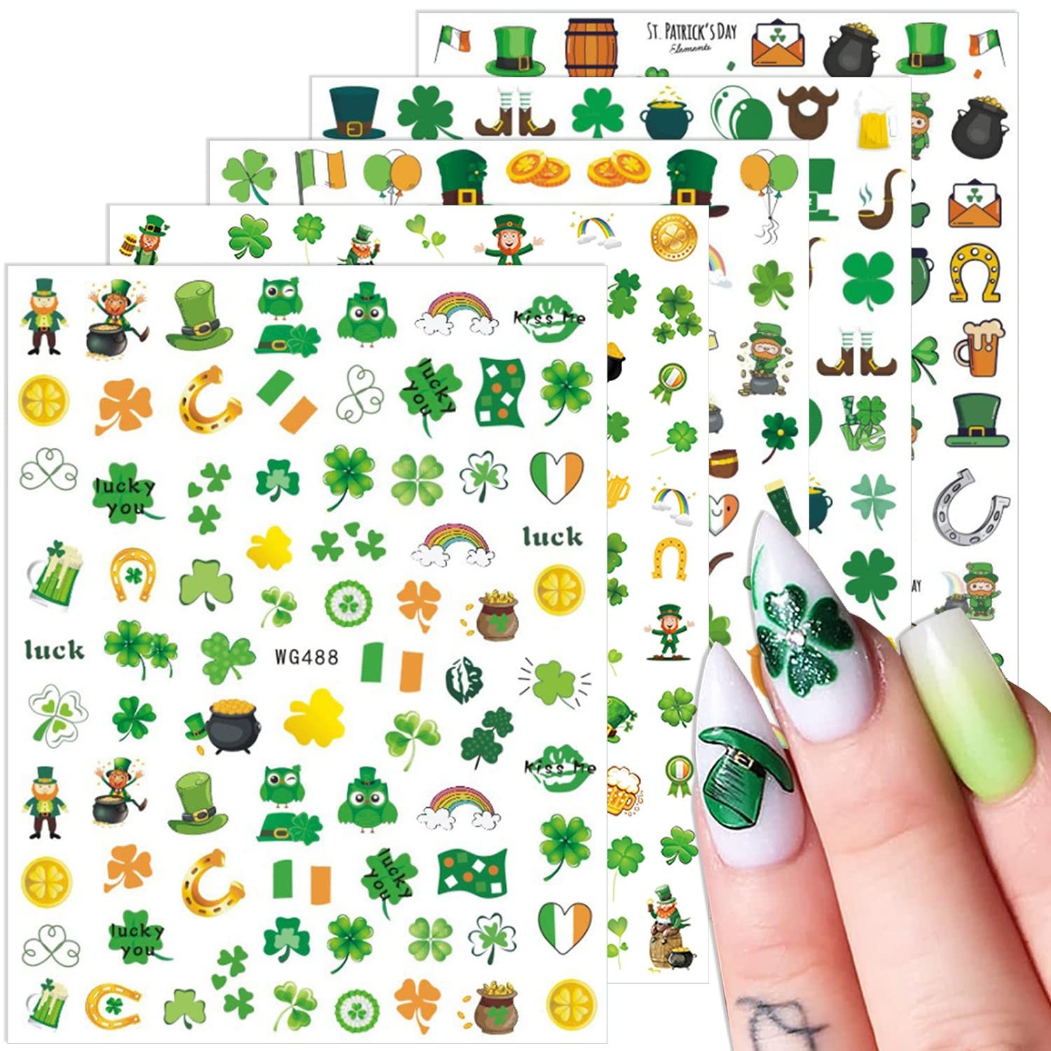 St Patricks Day Nail Art Stickers 3D Shamrock Nail Decals Green Clover Nail S…