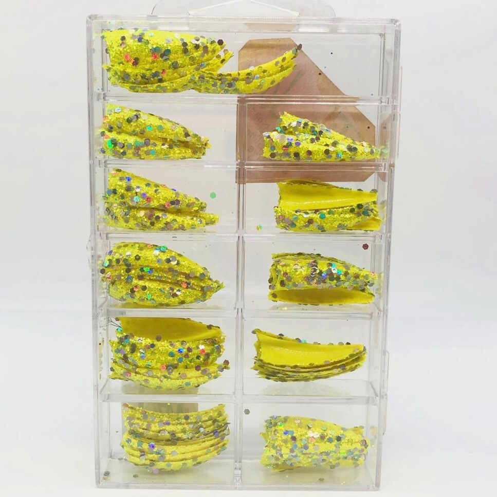 Brand New Tip Jar Fake Nail Tips – Yellow Stiletto with Chunky Glitter (#171)