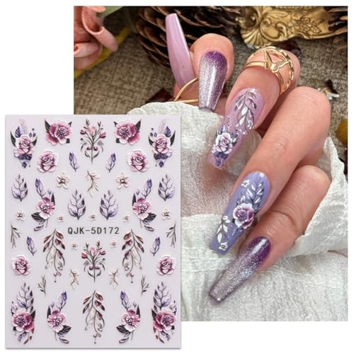 3D Embossed Flower Nail Art Stickers Decals Self-Adhesive 5D Spring Summer