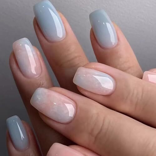 Coffin Press on Nails Short Fake Nails with Marble Designs Acrylic pink-6 blue