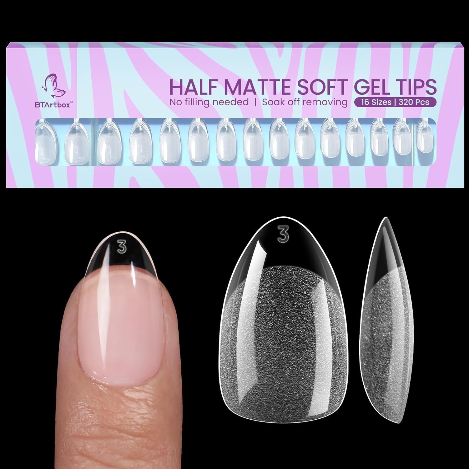 320pcs Short Almond Nail Tips – Soft Gel, Half Matte for Natural Nail Extensions
