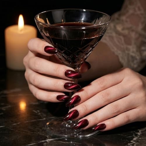 30Pcs Medium Almond Dark Red Cat Eye Press On Nails,Glossy Burgundy Style12