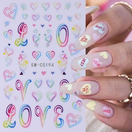 8 Sheets Valentine’s Day Nail Stickers Love Heart Decals 3D Self-Adhesive Love