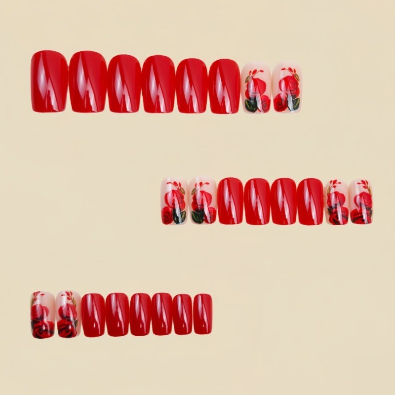 48 Pieces of Red and White 3D Floral Square Nail Art for Mid To Long Holidays