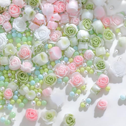 3D Flower Nail Charms, 80pcs Mixed Pearl Flower Nail Art Rhinestones Blue Pink