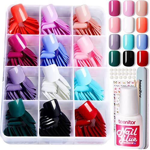 288 Pcs Short Square Press On Nails Artificial Acrylic False Nails w/ Nail Glue