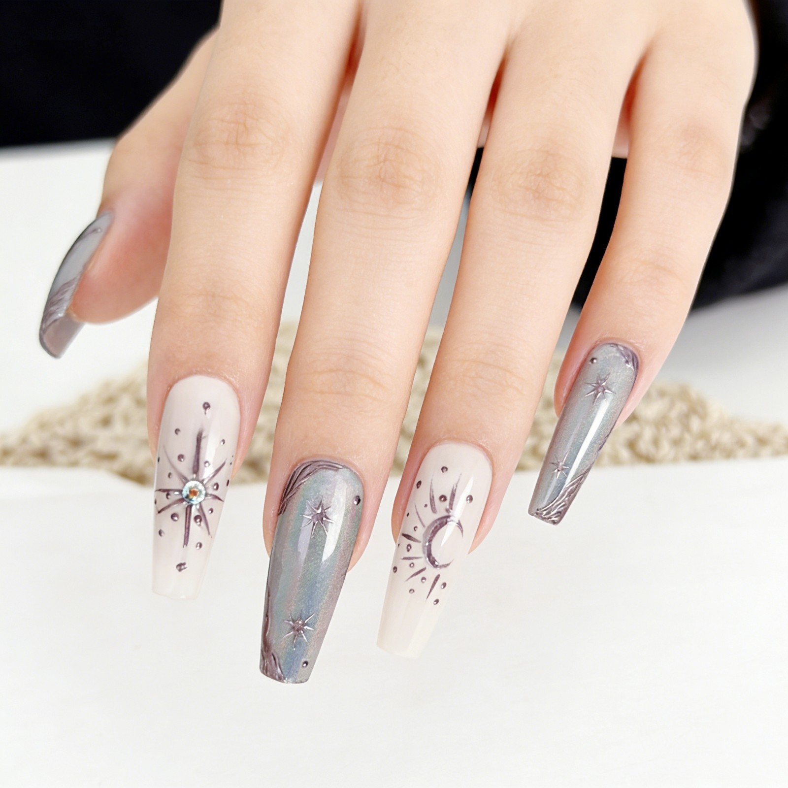 Futuristic Silver Gray Diamond Thorn Coffin Press-On Nails with Metal Details