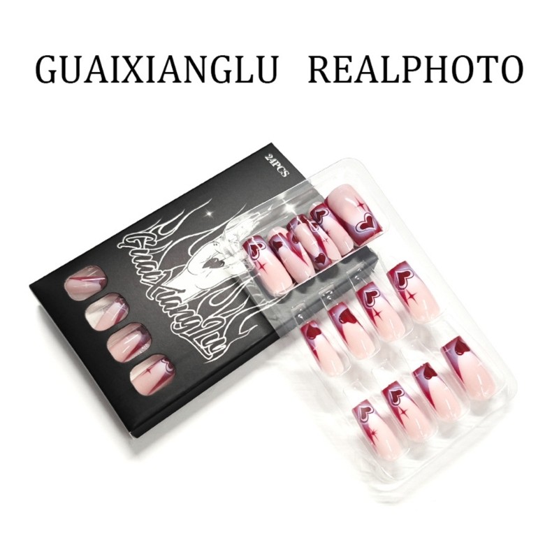 Middle Length Glossy Fake Nail Valentine Wine Red Heart Design Press On Nail