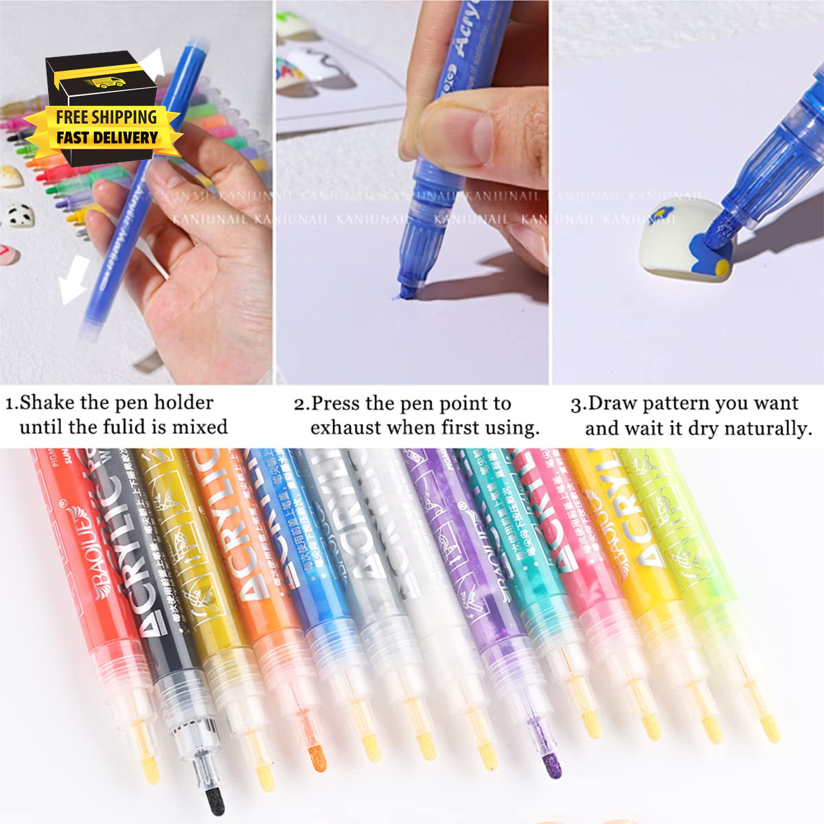 Nail Art Graffiti Pen Set 12Pcs Waterproof Drawing Markers Neon Enamels Black Wh