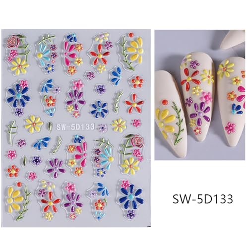 5D Flower Nail Art Stickers – Purple Pink Daisy & Yellow Blossom style7