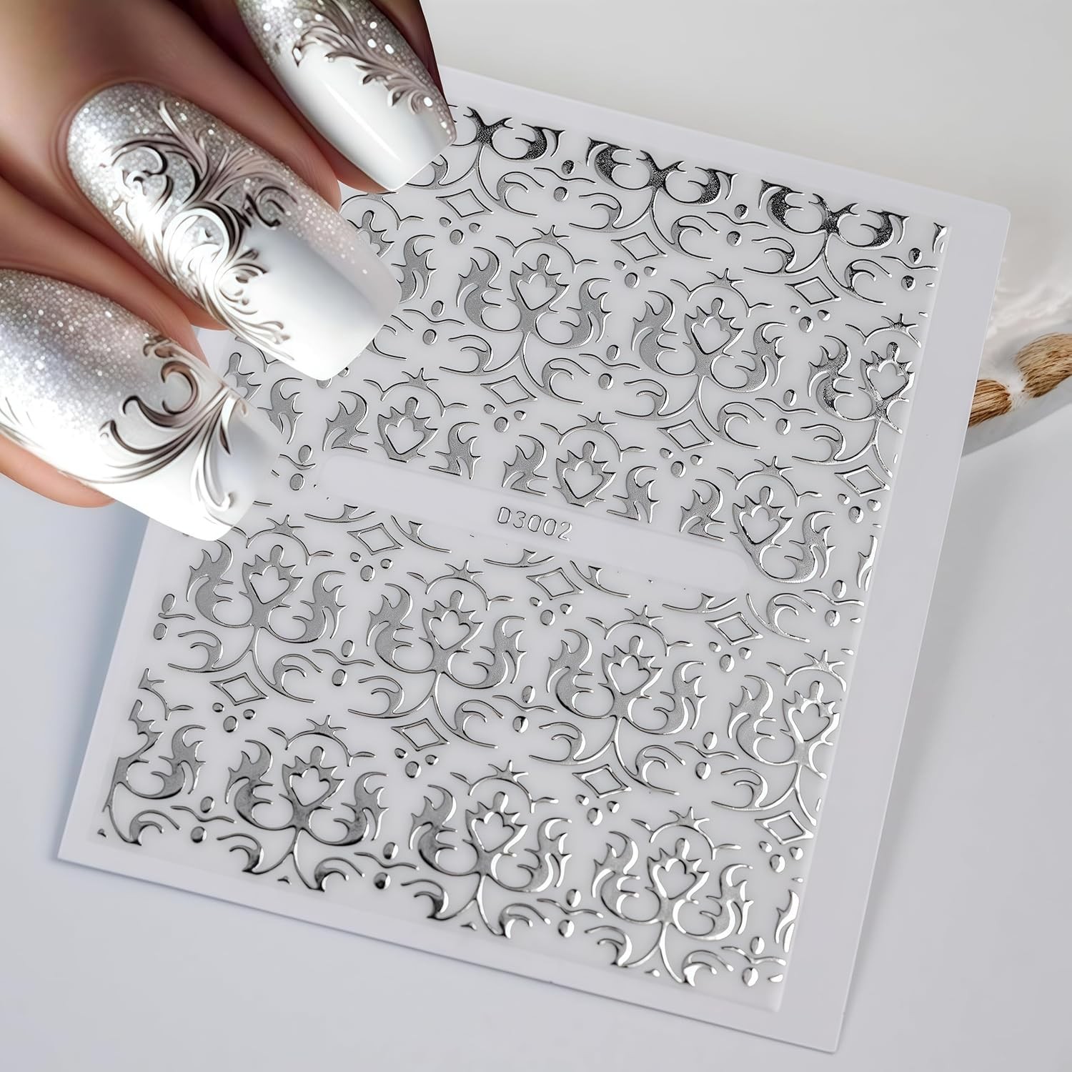 30 Silver lace Nail Stickers for Flower Nail Art 3D -Adhesive Nail Decals Sil…