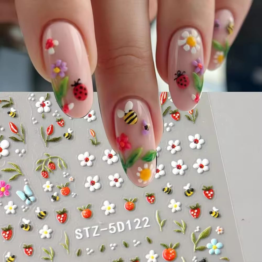 Nail Stickers for Nail Art, 5D Embossed Cute Floral Bee Ladybug Flower Nail Deca