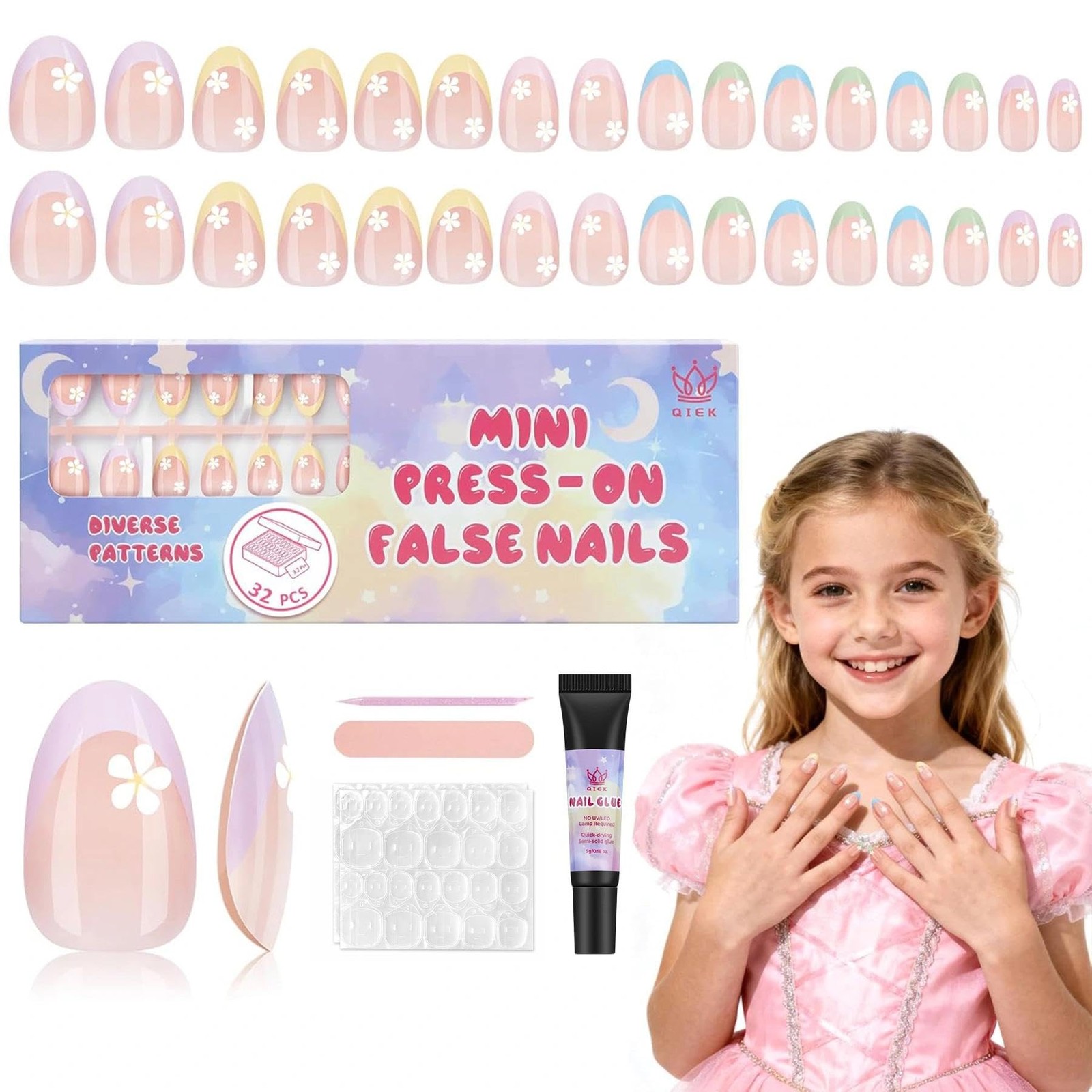 16 Sizes Press on Nails Kit for Kids – 32 Pieces French Almond Fake Nail Tips…