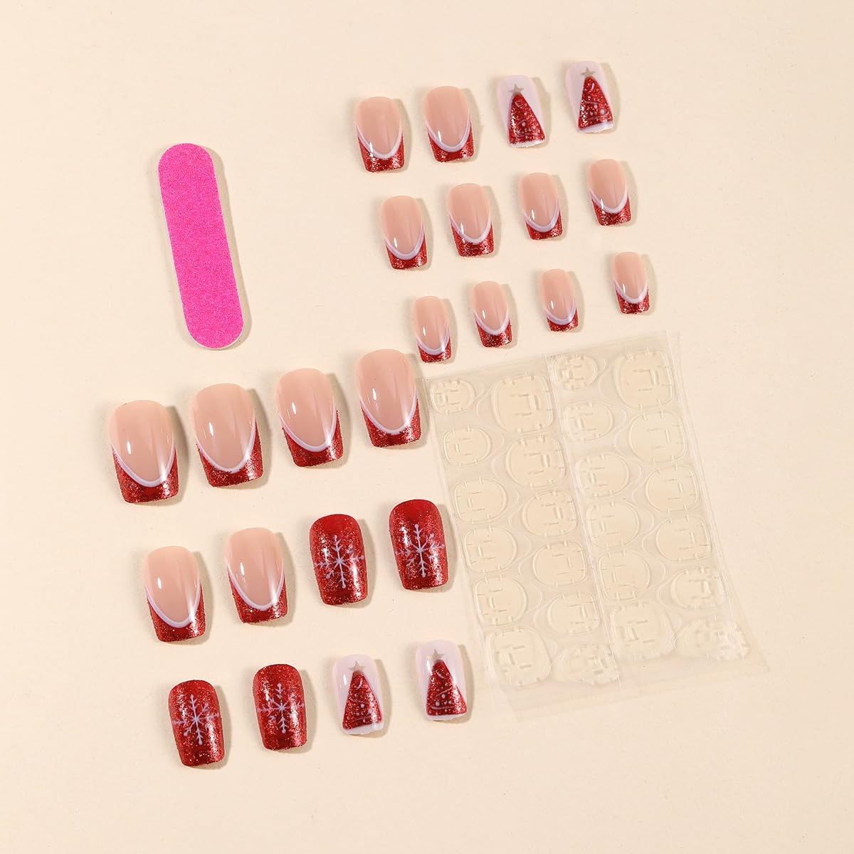 Christmas Press on Nails Red French Tip Fake Nails White Snowflake False Nail…