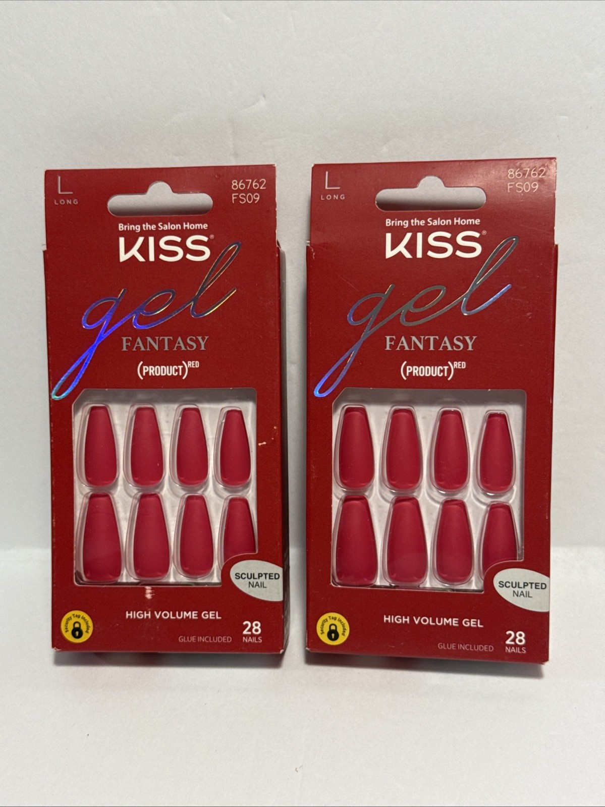 2 KISS Gel Fantasy Matte RED Gel Nails(L)Coffin Glue-On Nails SCULPTED,👀My Page