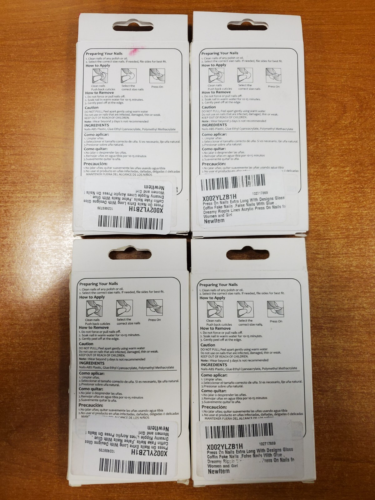 4 Boxes of 24: Nude/Pink Swirl Coffin Shape Press On Nails (9D-1772)