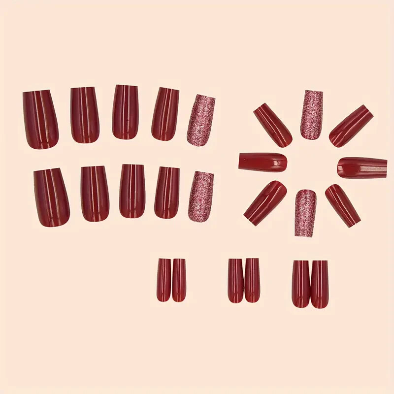24pcs Glittering Burgundy Coffin Shaped Press-on Nails Set – Glossy, Middle