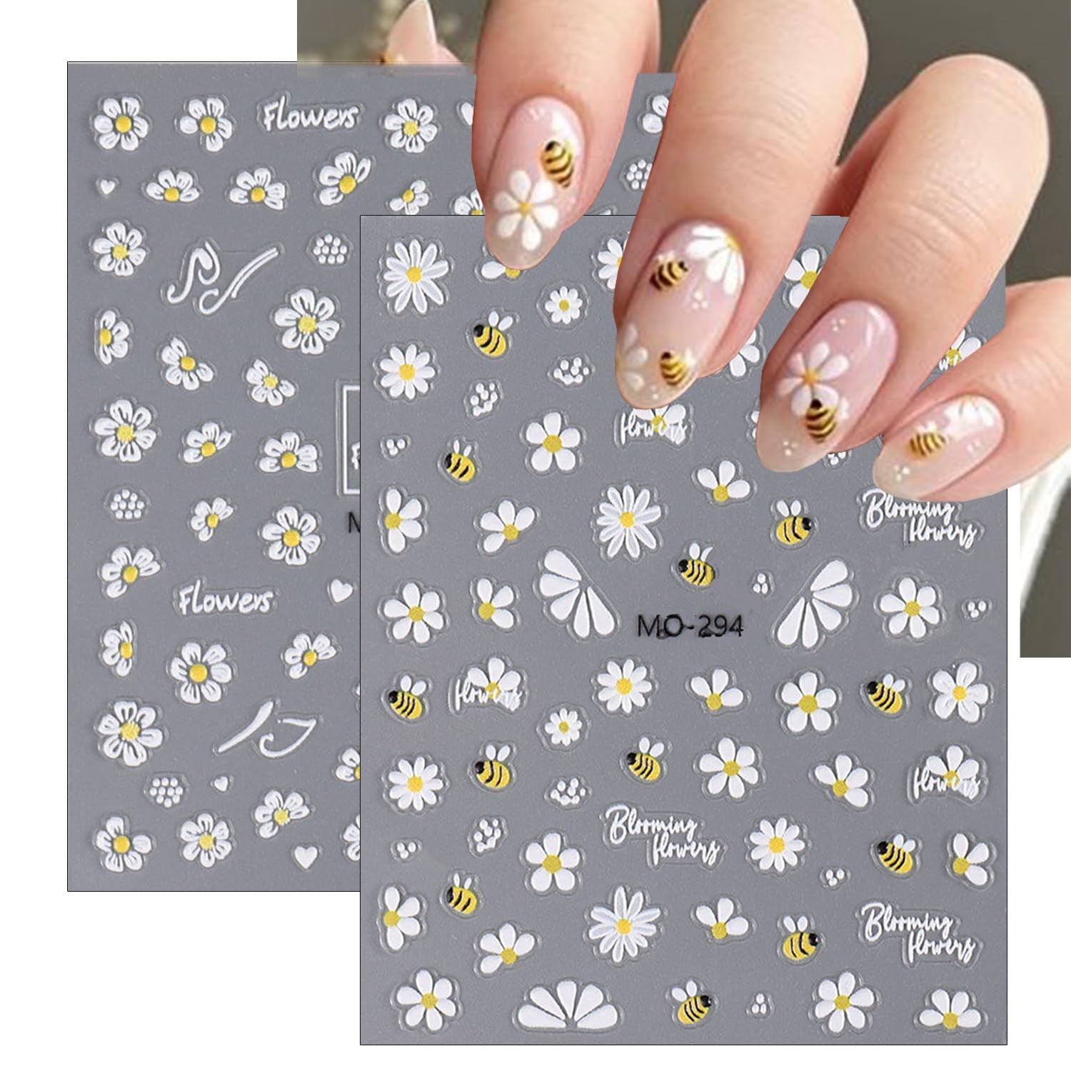 Flower Nail Art Stickers 5D Embossed Cute Bee Nails Decals Spring Daisy Desig…
