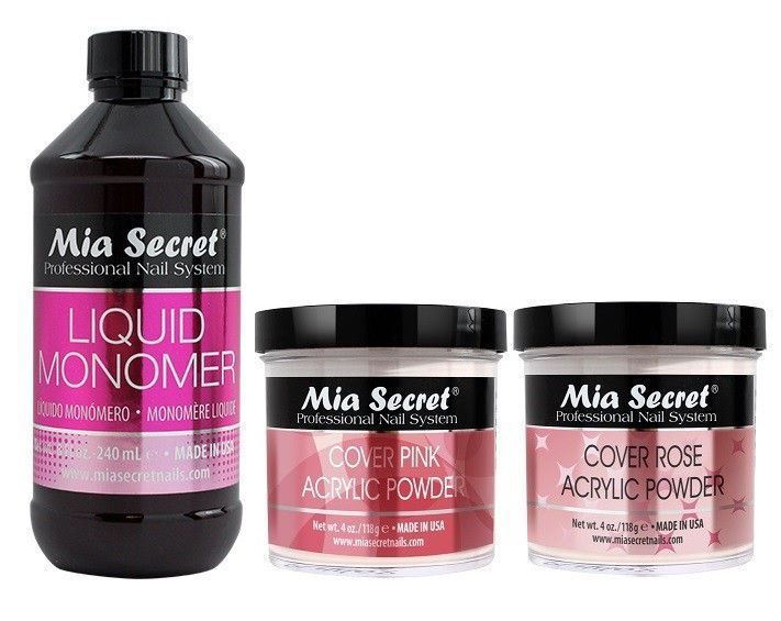 LIQUID MONOMER 8 OZ COVER ACRYLIC POWDERS PINK ROSE BEIGE 4 OZ MIA SECRET CHOOSE