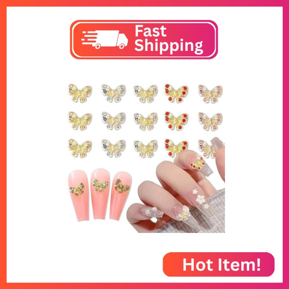 Gold Butterfly Nail Charms Alloy Nail Art Charms Supply Red Blue Pink Nail Gems