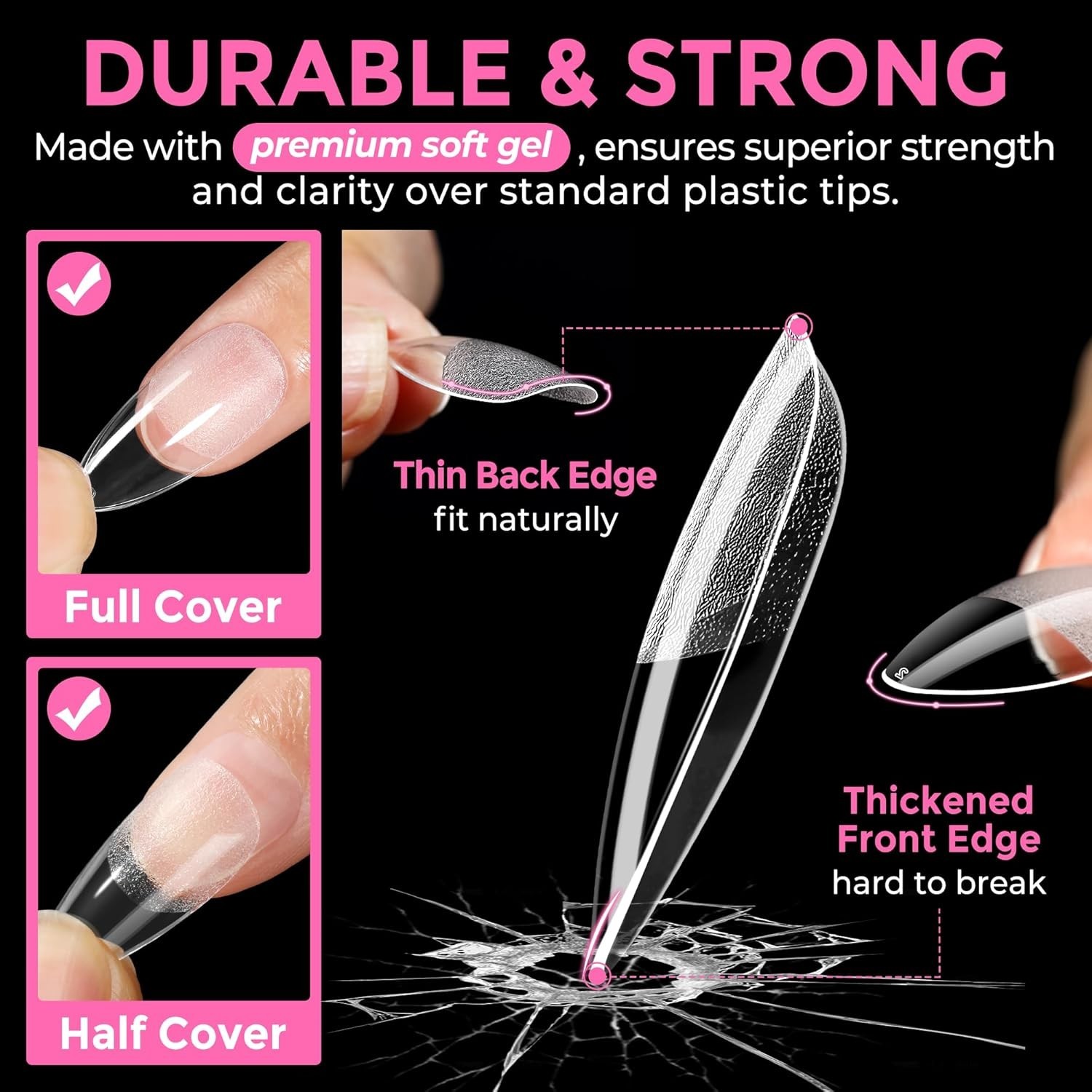Gelly Soft Almond Nail Tips – 216pcs Clear Press On Nails for Stunning Manicures