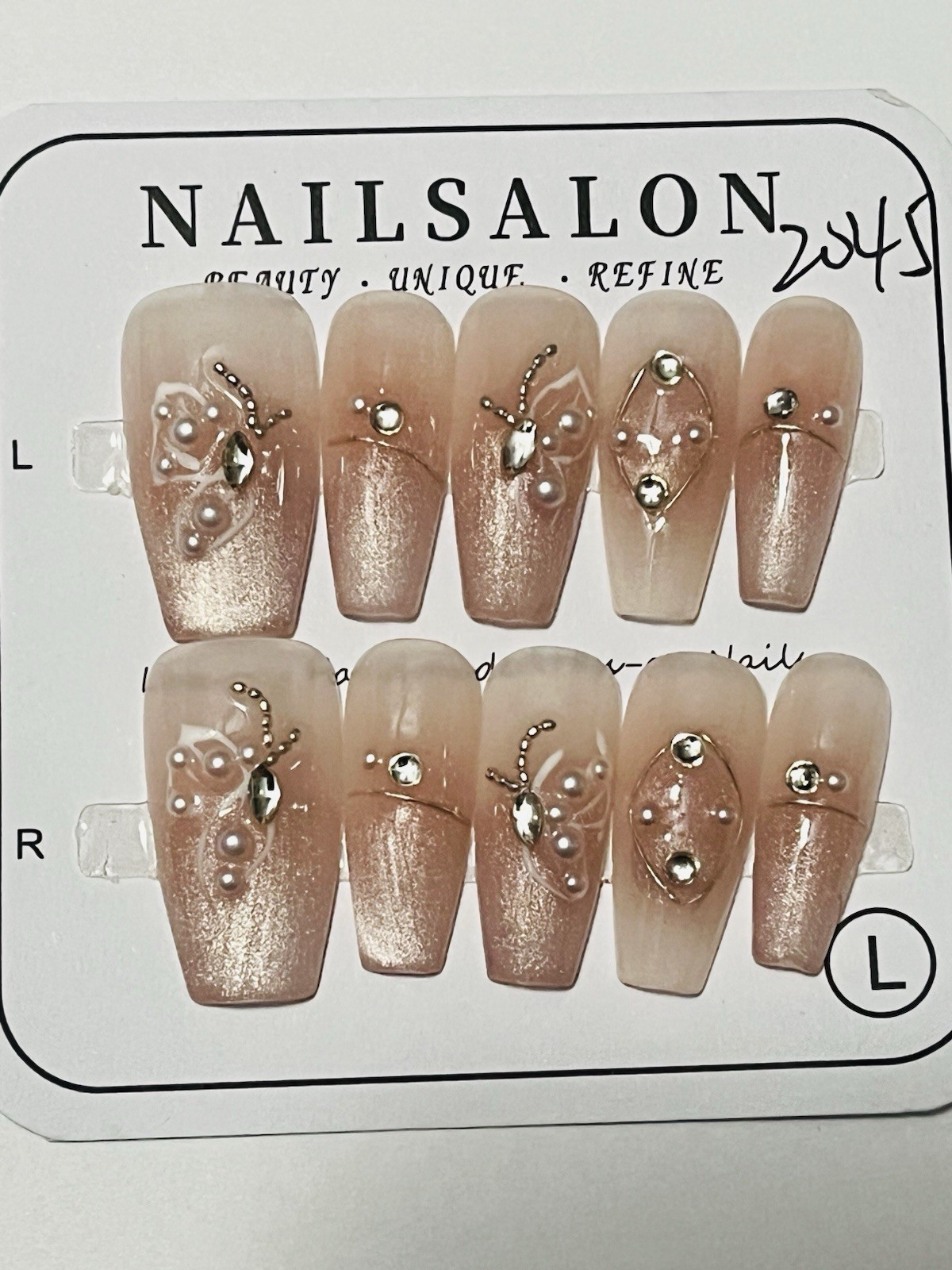 10 PCs Nude Pink Coffin Butterfly Press On Nails With Rhinestones Size L