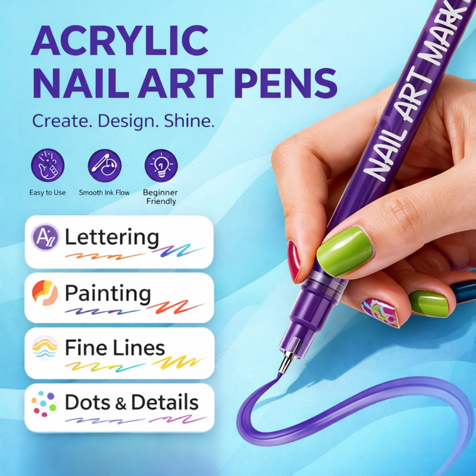 Herbiar 3D Nail Art Pen Set 12 Colors – 0.5mm Fine Tip, Waterproof DIY Manicure