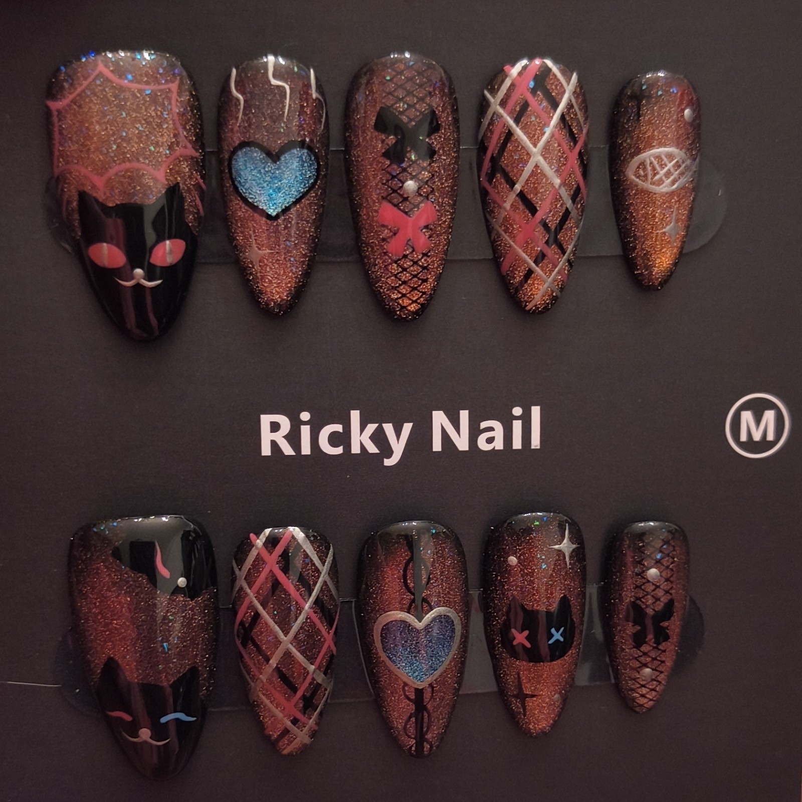 Ricky Nail Press-On Nails Medium Coffin Black Copper Blue Pink Glitter Cat
