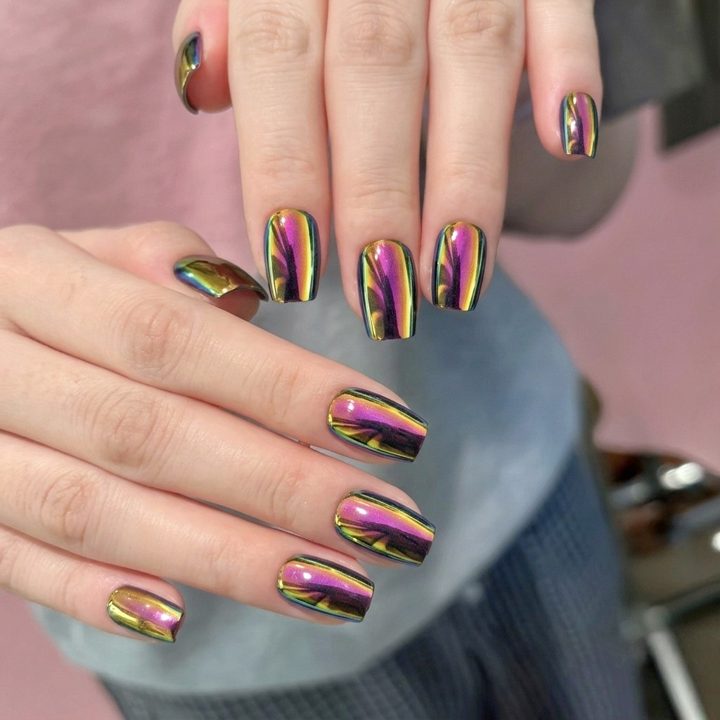 Chameleon Chrome Press On Nails Iridescent Holographic Fake Nails