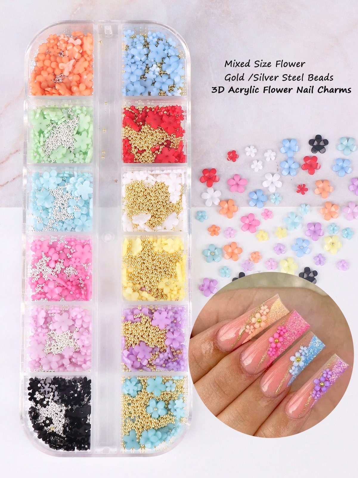 12 Grids 3D Acrylic Flower Nail Art Decoration, Mixed Size Colorful Flower Gold