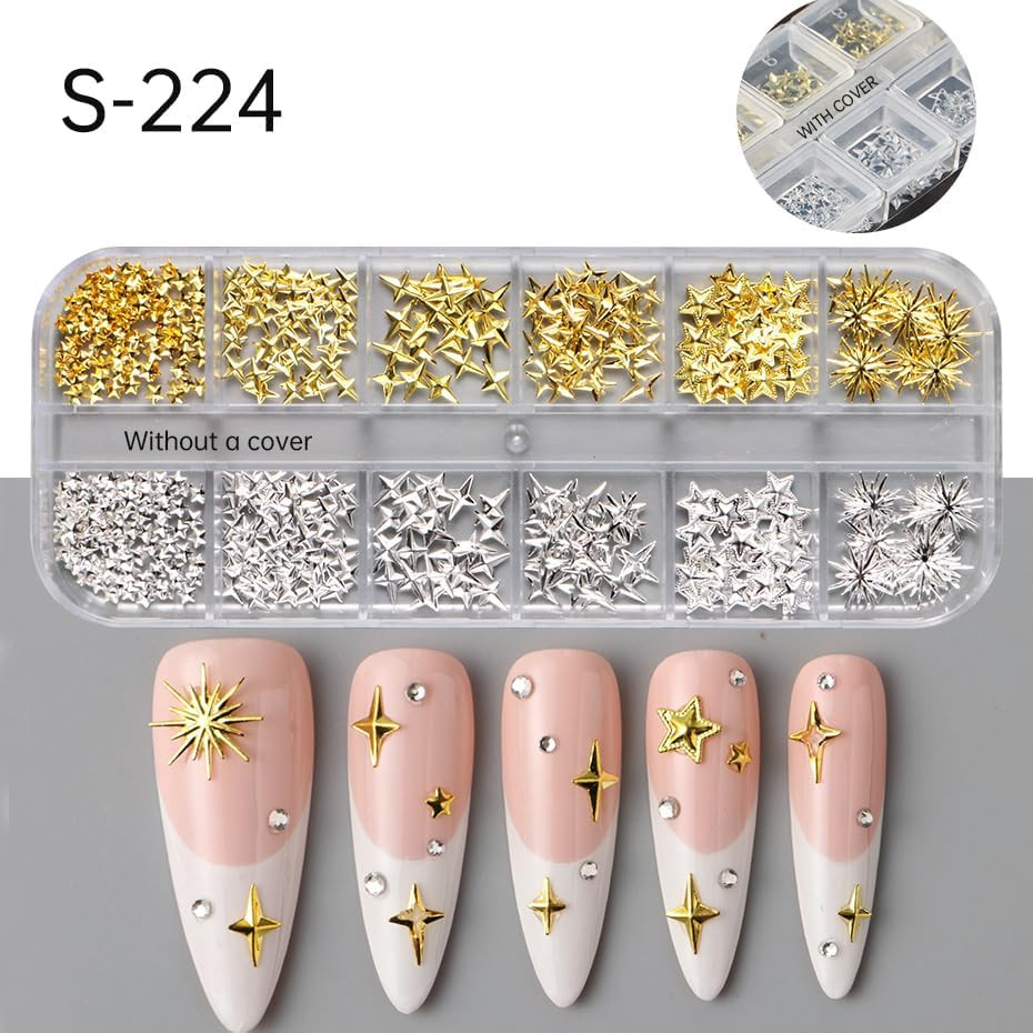 12Grids Star Nail Rhinestones Charms Gold Silver Star Nail Gems Diamonds 3D Allo