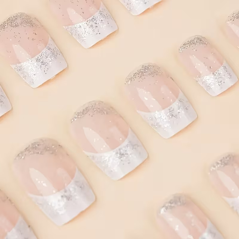 24pcs Medium Press-On Nails, Glossy, Pink and Glitter Silvery Tips